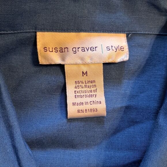 Susan Graver Grannycore Embroidered Linen Floral Butterfly Top Medium Blue/Multi - Picture 5 of 15